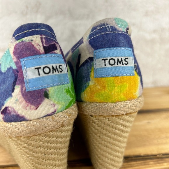 TOMS Wedge Heels Womens Size 7.5 Canvas Blue Floral High Peep Open Toe S… - Picture 12 of 13